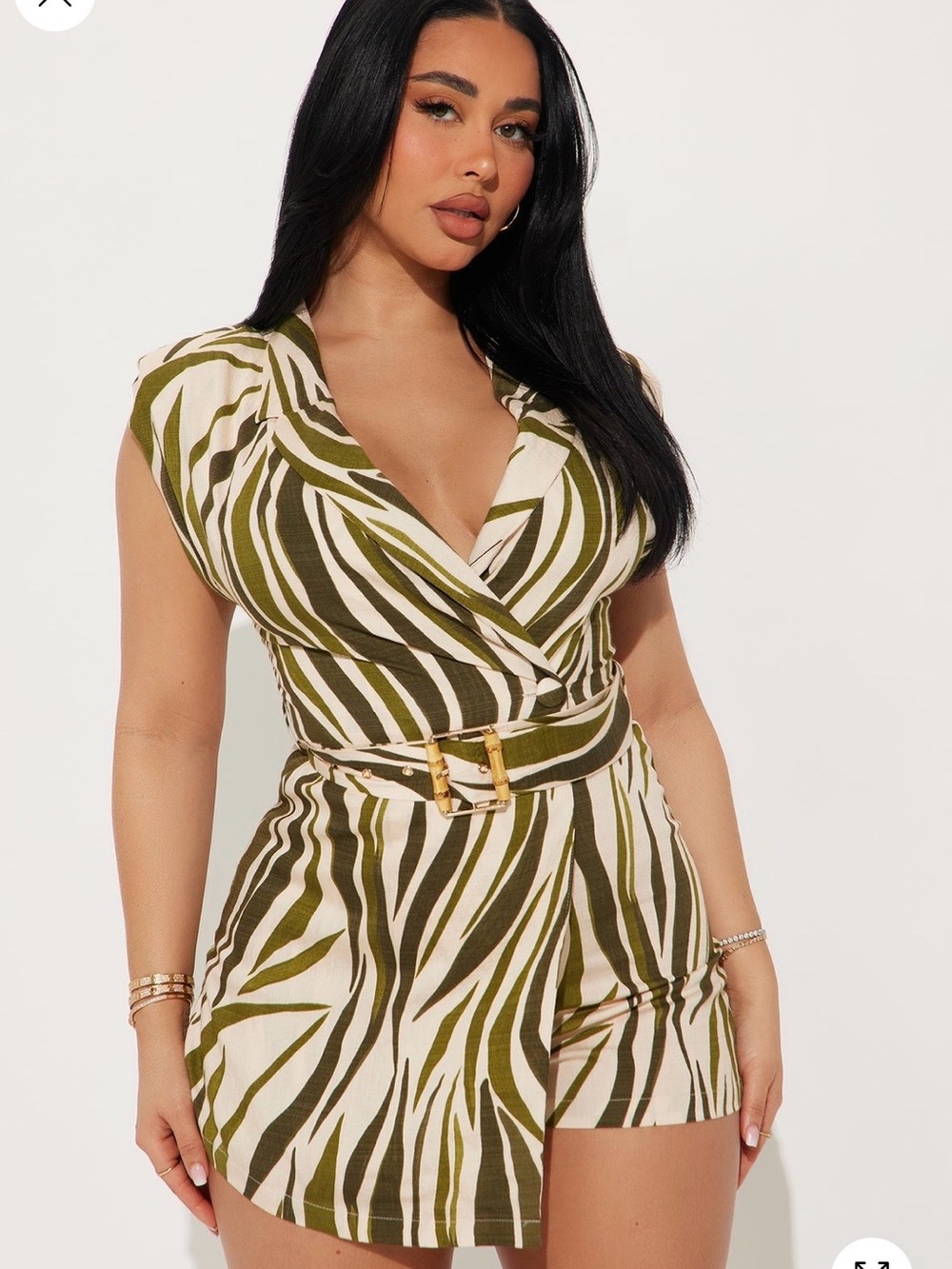 Fashion Nova Olive & Cream Zebra-Print Wrap Romper with Belt